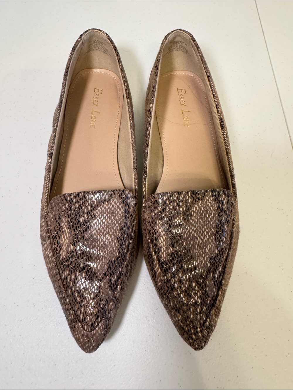 Essex Lane Taupe Snake-Print Pointed-Toe Flats
